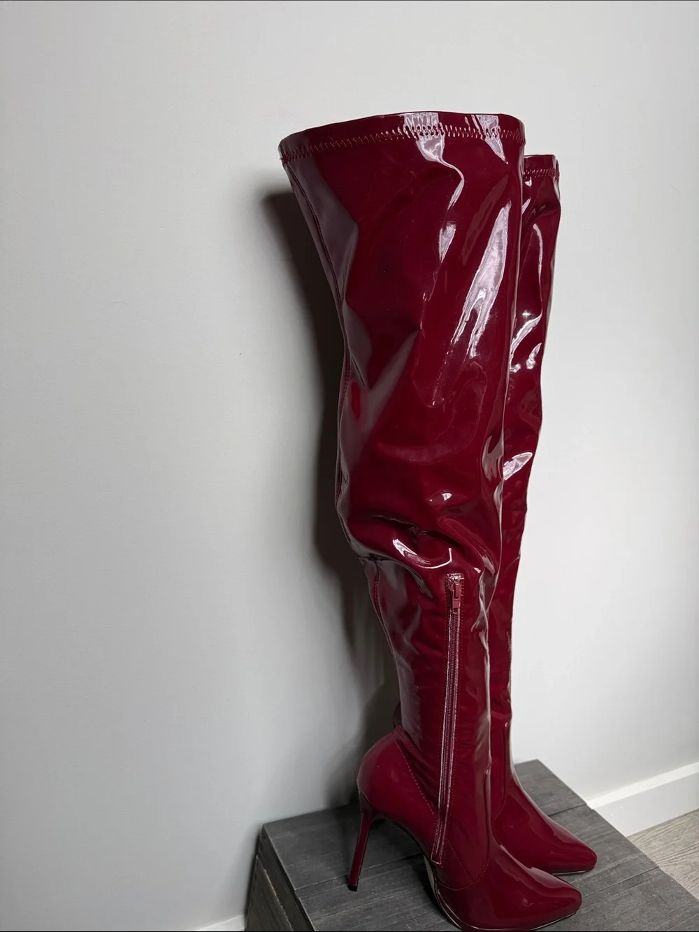 Shoe Dazzle Patent Over-The-Knee Stiletto Boots in Burgundy